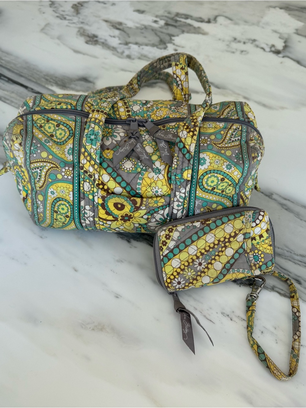 Vera Bradley Yellow Green Paisley Quilted Duffel with Wristlet